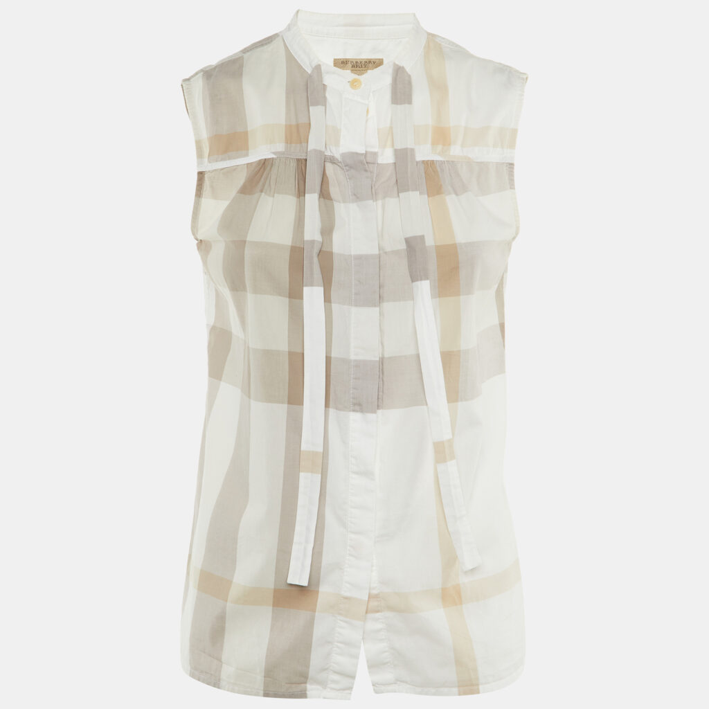 luxury-women-burberry-brit-used-clothes-p1224922-005-1.jpg Burberry Brit White Checked Cotton Tie Neck Sleeveless Shirt S