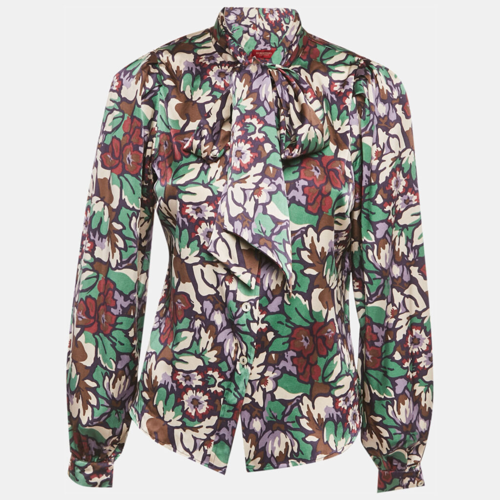 Burberry London Multicolor Printed Satin Silk Tie-Up Neck Detail Blouse S