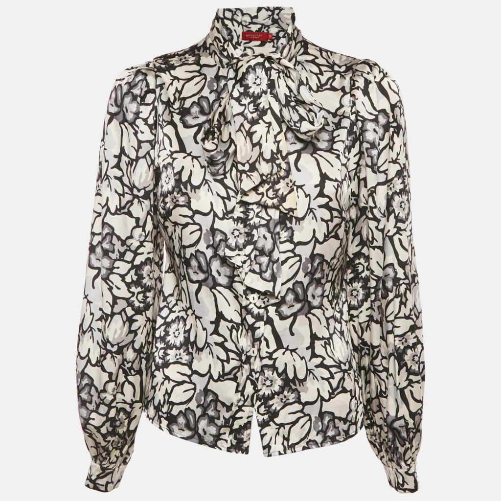 Burberry White/Black Floral Print Satin Silk Tie-Up Neck Detail Blouse S