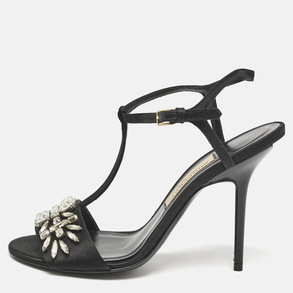 Burberry London Black Satin Pertfield Ankle Strap Sandals Size 38.5