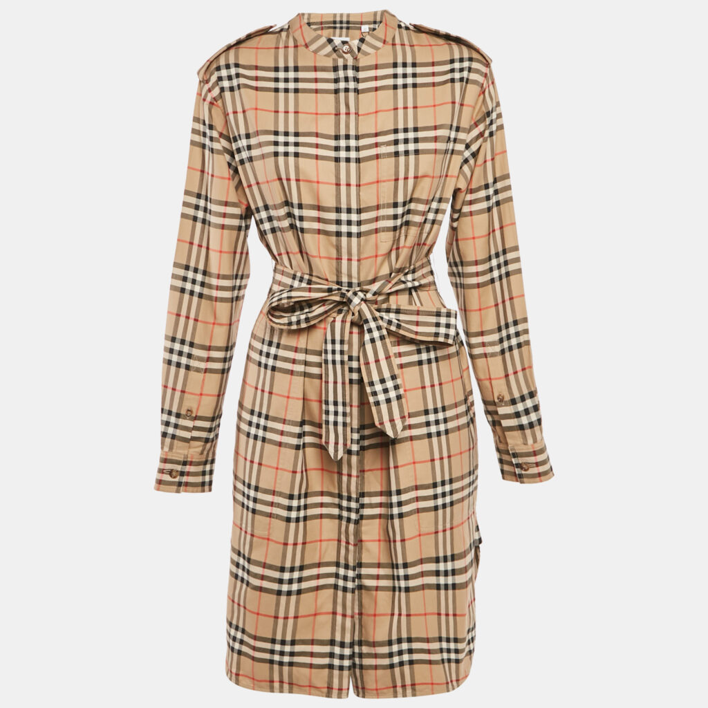 Burberry Beige Check Print Cotton Belted Short Dress M Burberry Beige Check Print Cotton Belted Short Dress M