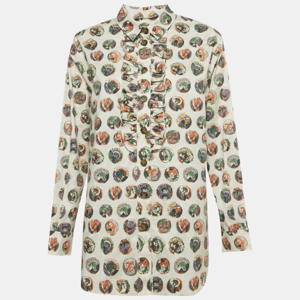 Burberry Beige Mask Print Cotton Ruffle Detail Shirt M Burberry Beige Mask Print Cotton Ruffle Detail Shirt M