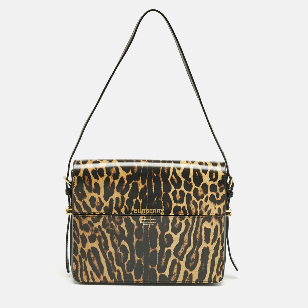 Burberry Black/Brown Leopard Print Glossy Leather Large Grace Shoulder Bag Burberry Black/Brown Leopard Print Glossy Leather Large Grace Shoulder Bag