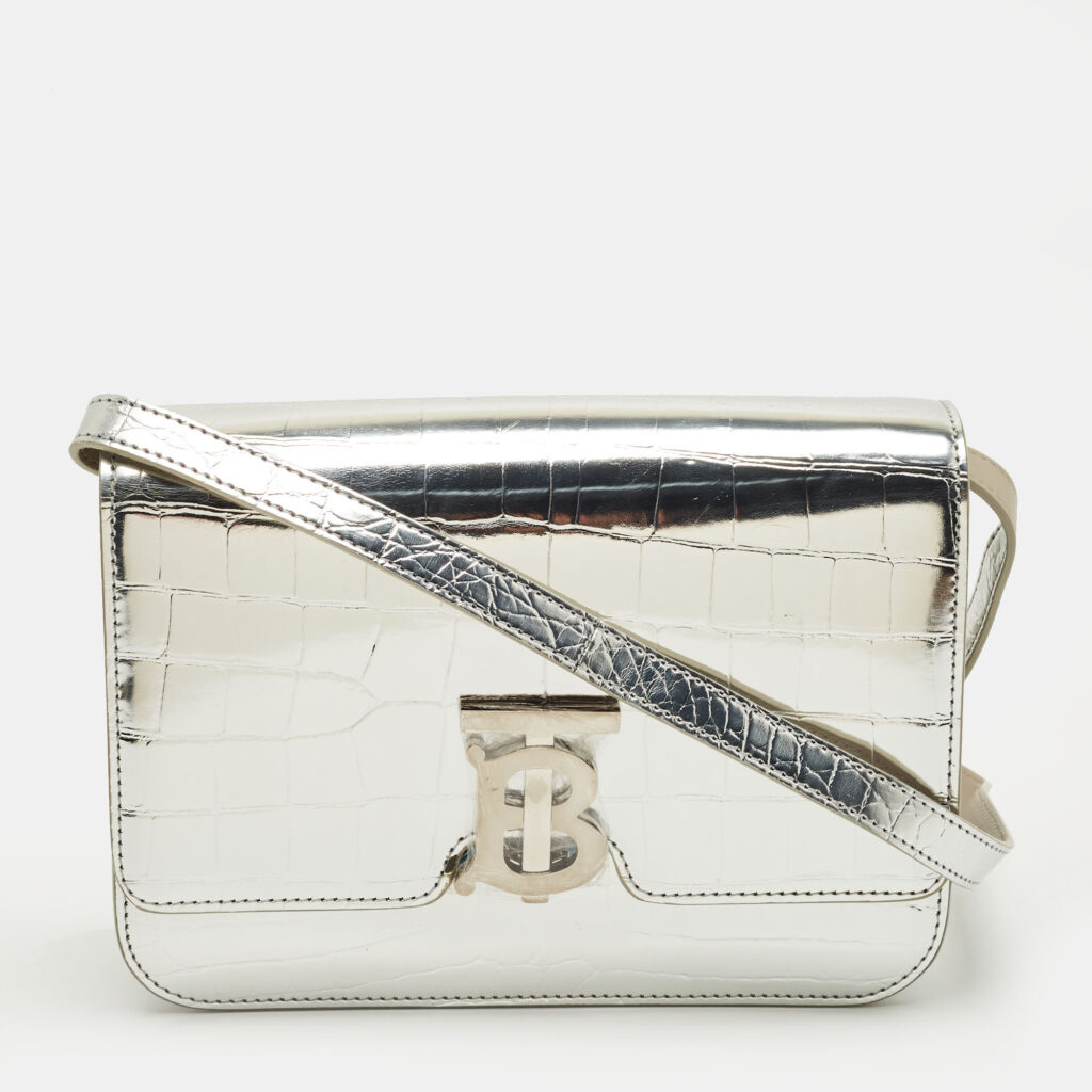 Burberry Silver Croc Embossed Patent Leather Small TB Shoulder Bag Burberry Silver Croc Embossed Patent Leather Small TB Shoulder Bag