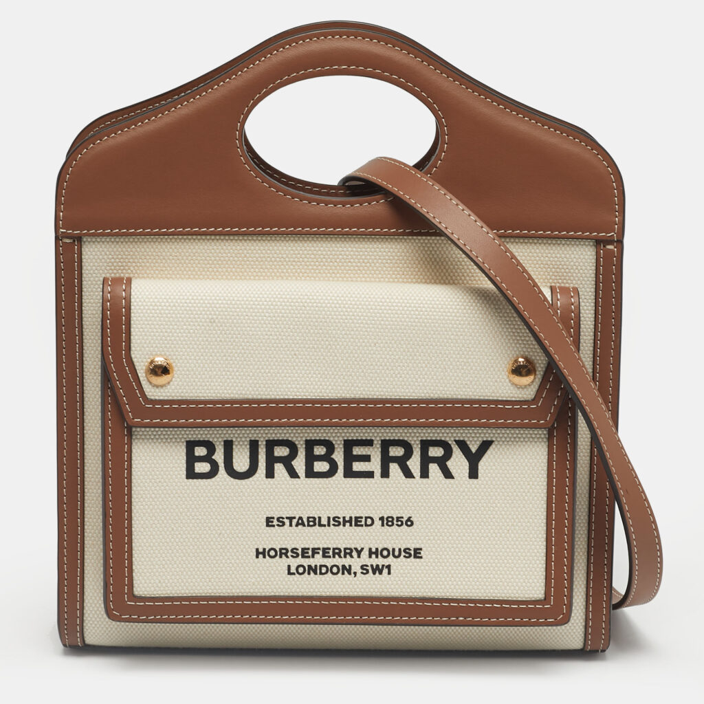 luxury-women-burberry-new-handbags-p1224486-005.jpg Burberry Brown/Cream Leather and Canvas Mini Pocket Tote