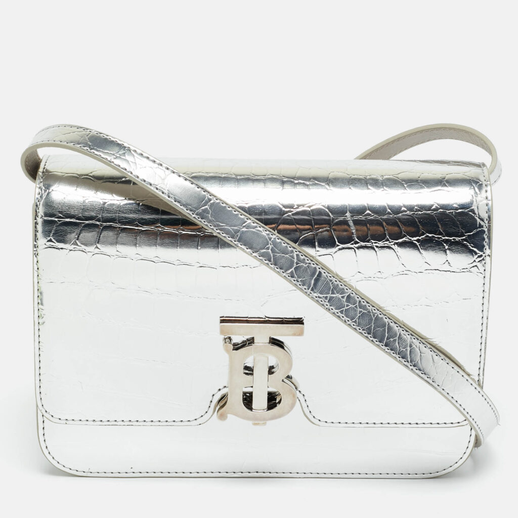 Burberry Silver Croc Embossed Patent Leather Small TB Shoulder Bag Burberry Silver Croc Embossed Patent Leather Small TB Shoulder Bag