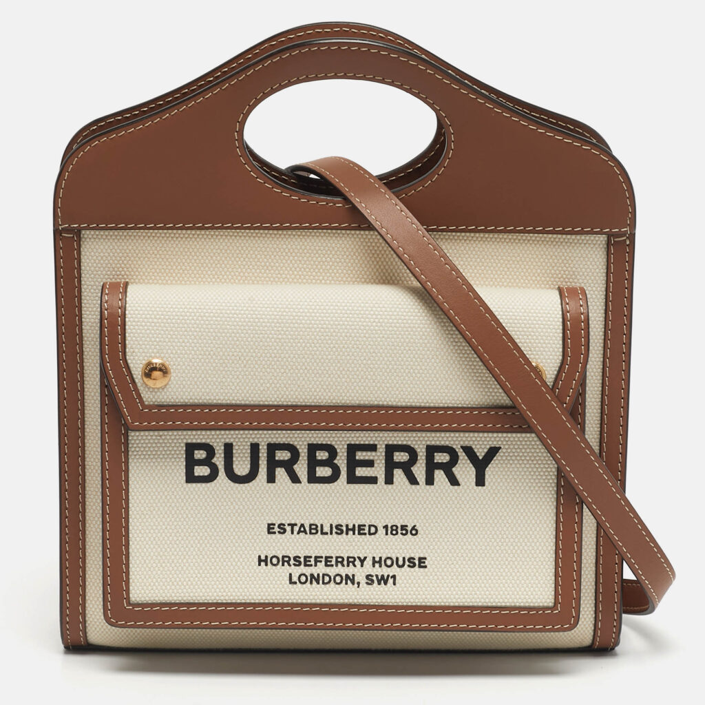 Burberry Pocket Mini Brown/Off White Leather and Canvas Tote Burberry Pocket Mini Brown/Off White Leather and Canvas Tote