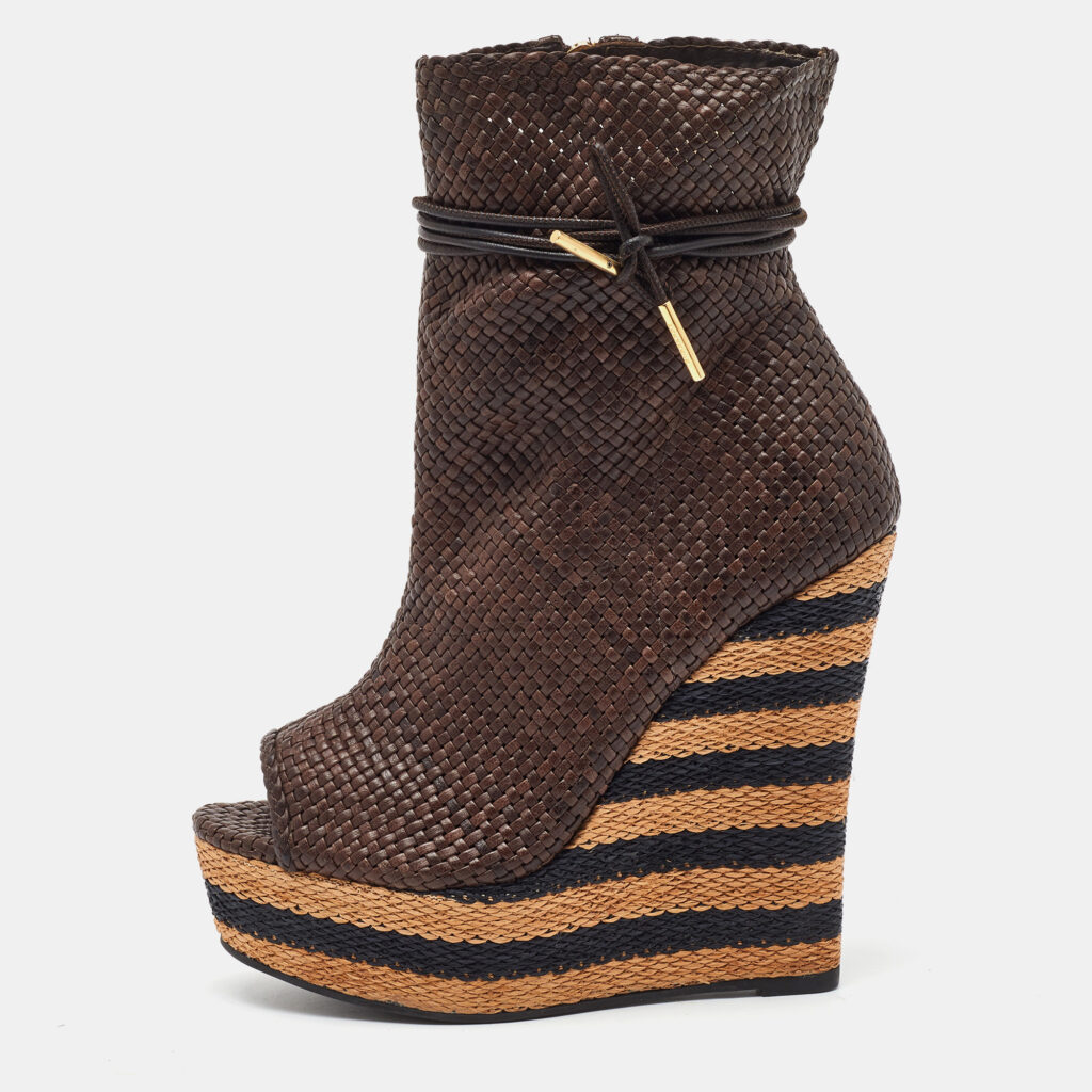 Burberry Brown Woven Leather Raffia Platform Wedge Ankle Length Boots Size 38 Burberry Brown Woven Leather Raffia Platform Wedge Ankle Length Boots Size 38