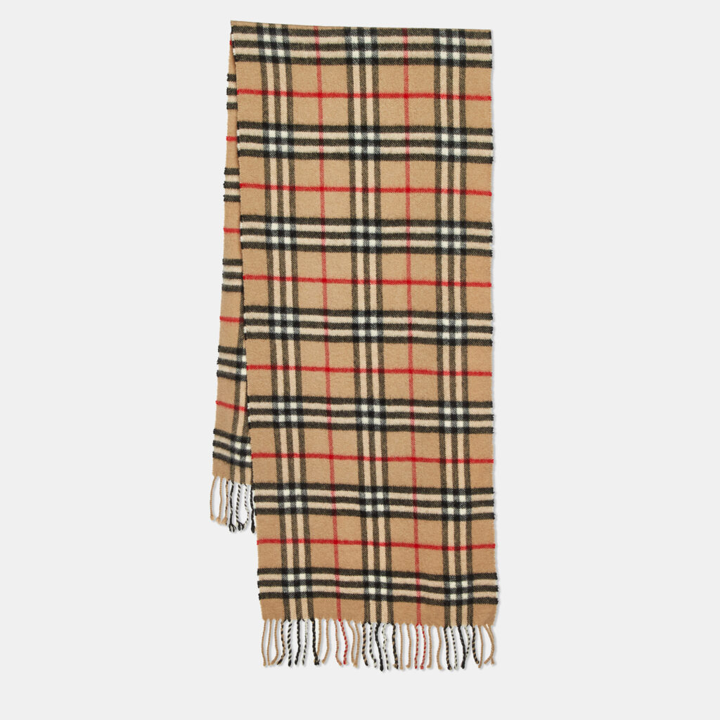 Burberry Vintage Beige Nova Check Wool Fringed Muffler Burberry Vintage Beige Nova Check Wool Fringed Muffler