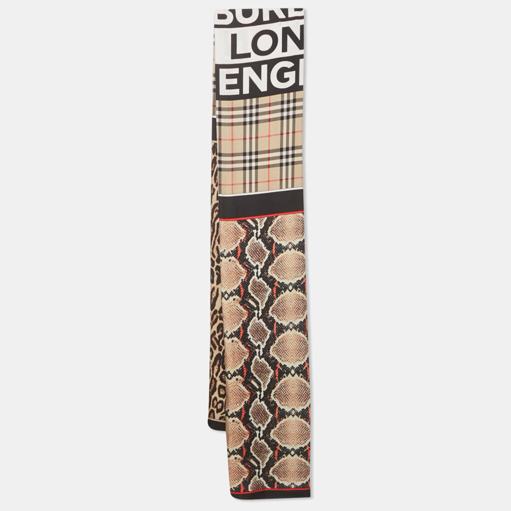 Burberry Beige Leopard & Snake Print Silk Checkered Scarf Burberry Beige Leopard & Snake Print Silk Checkered Scarf