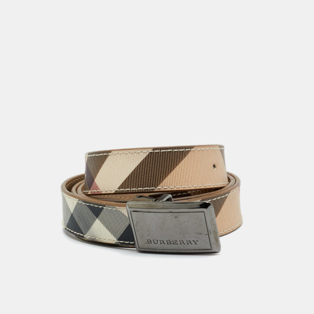 Burberry Beige Nova Check Coated Canvas Logo Plague Belt 100CM