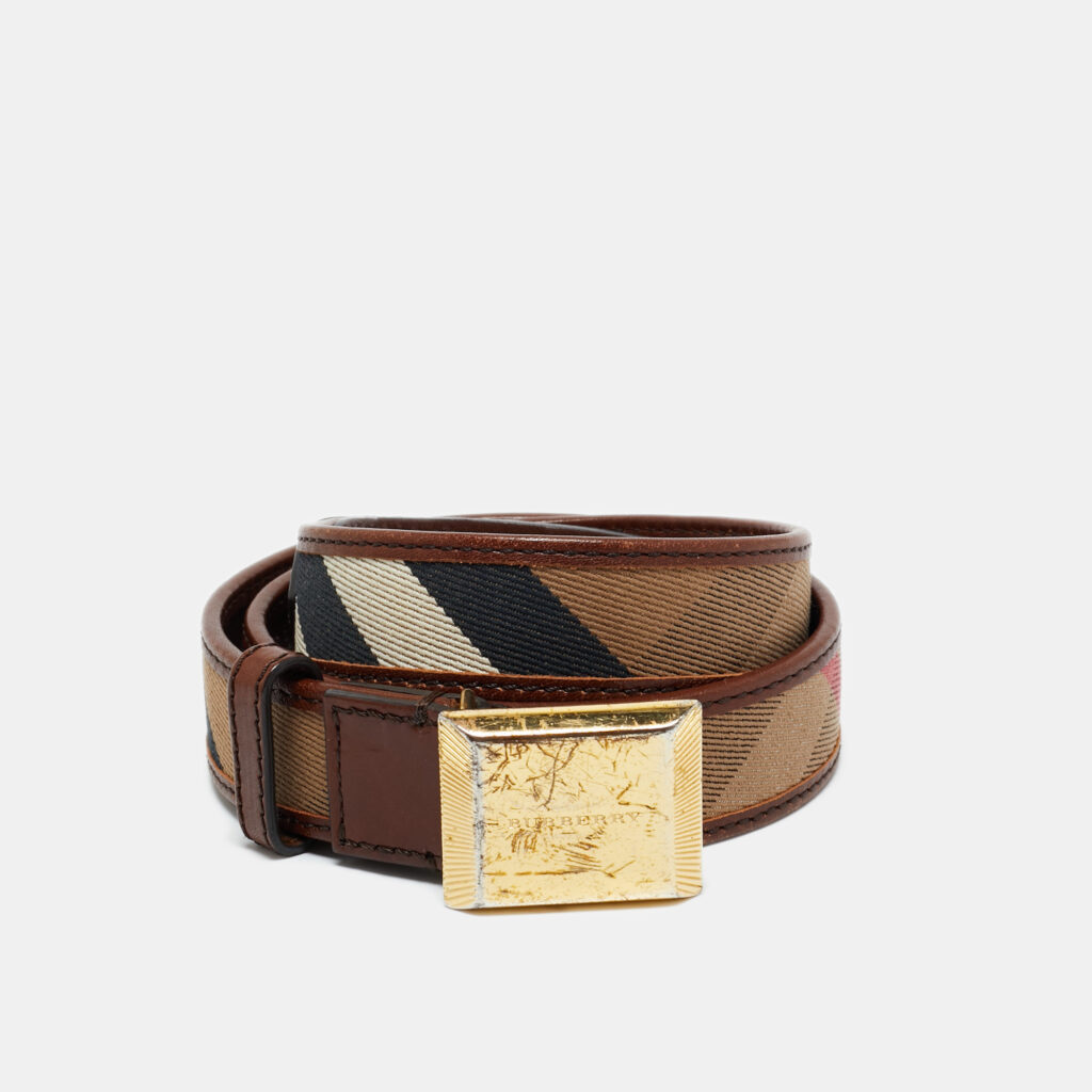 luxury-women-burberry-used-accessories-p1204359-001.jpg Burberry Brown House Check Canvas and Leather Logo Plague Belt 85CM