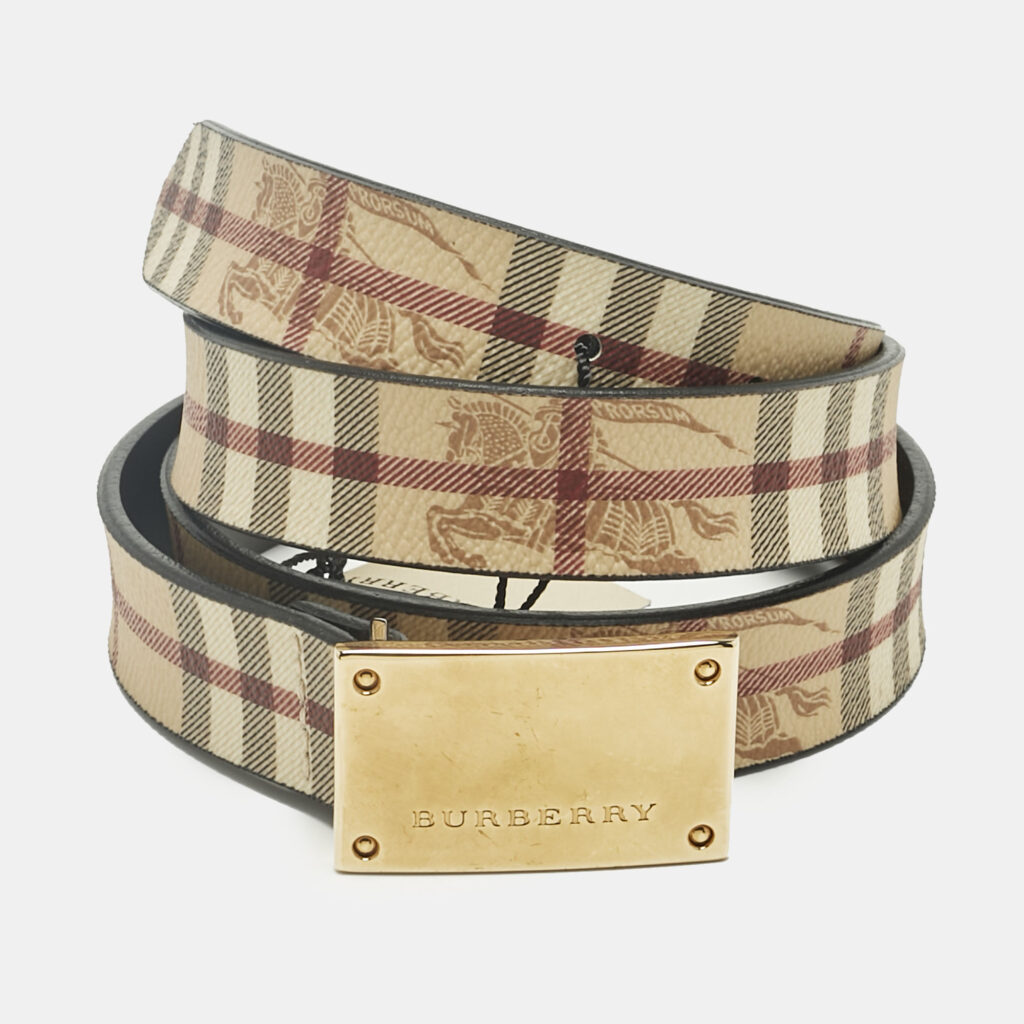 Burberry Beige Haymarket Coated Canvas Logo Plague Waist Belt 90CM