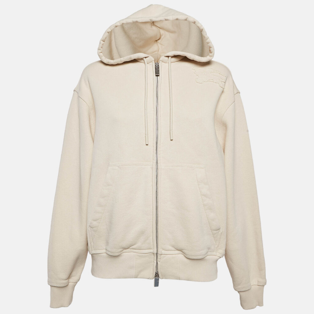 Burberry Beige Logo Applique Cotton Knit Zip-Up Hoodie M Burberry Beige Logo Applique Cotton Knit Zip-Up Hoodie M