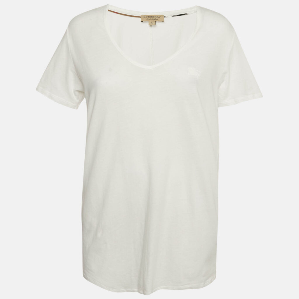 Burberry White Logo Embroidered Cotton V-Neck T-Shirt L Burberry White Logo Embroidered Cotton V-Neck T-Shirt L
