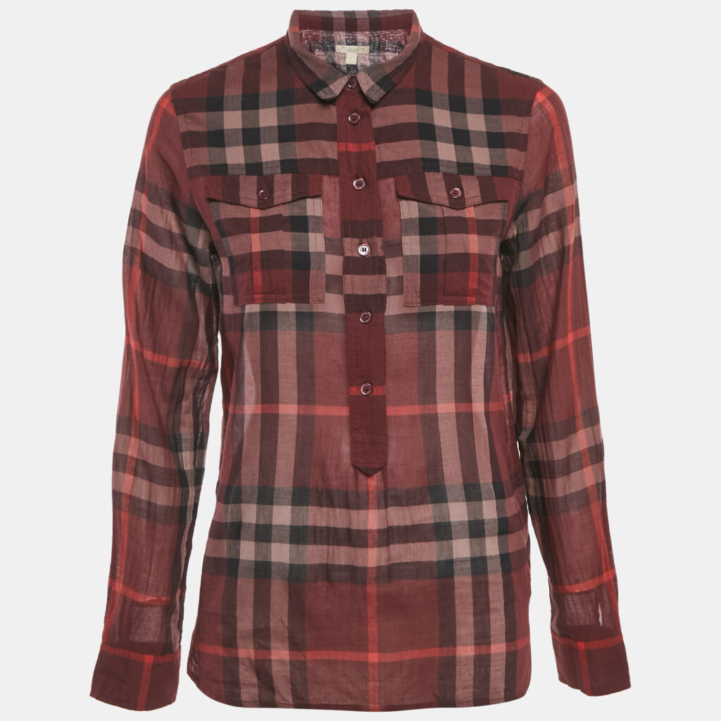 Burberry Burgundy Checks Cotton Half Placket Shirt S Burberry Burgundy Checks Cotton Half Placket Shirt S