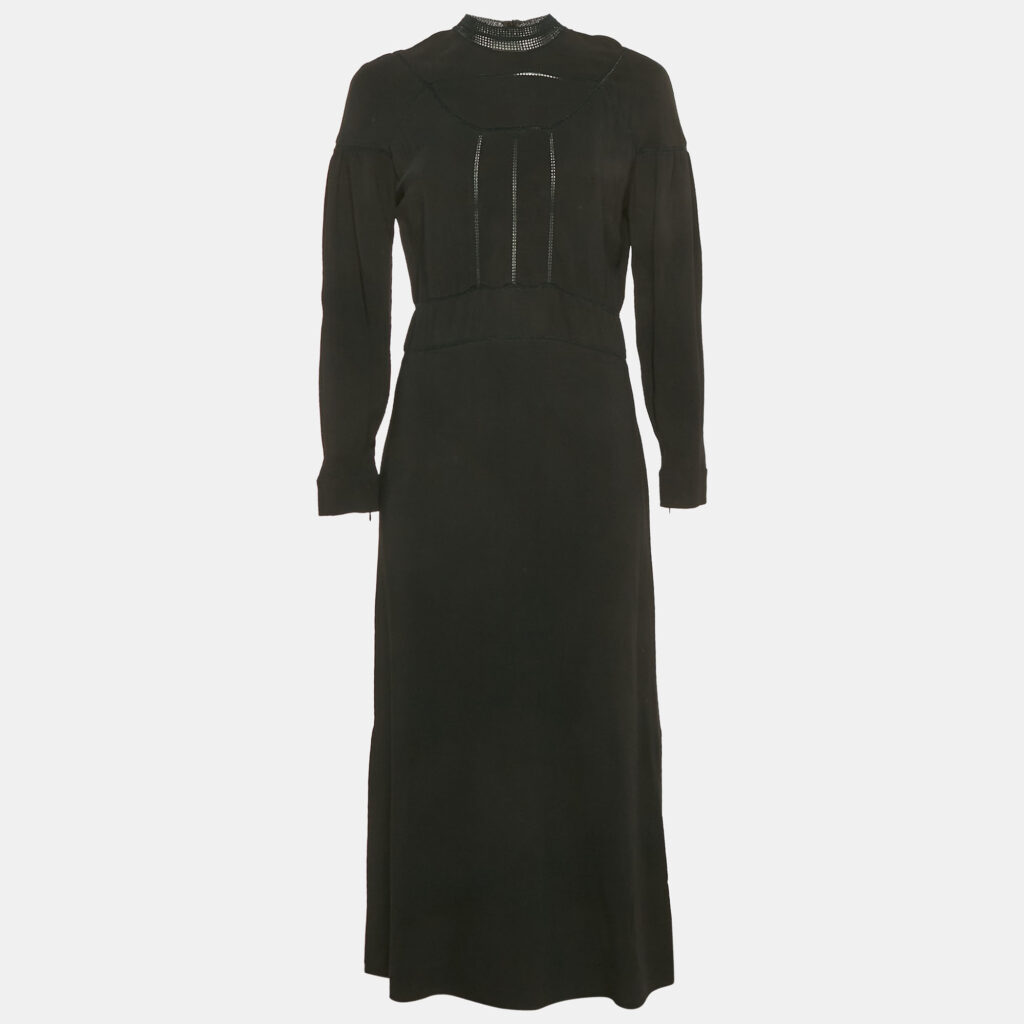 Burberry Black Crepe Lace Inserts Midi Dress S
