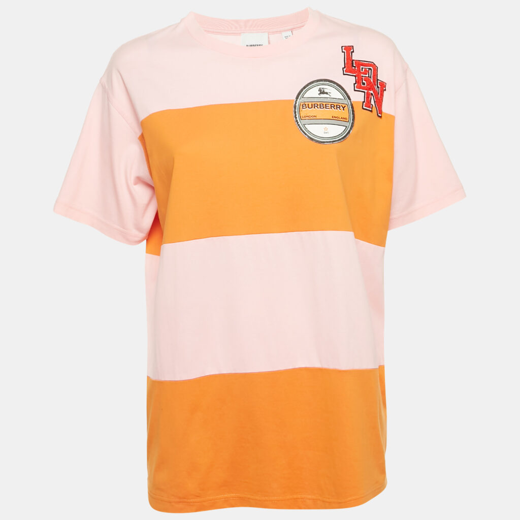 Burberry Pink/Orange Logo Applique Cotton Crew Neck T- Shirt S