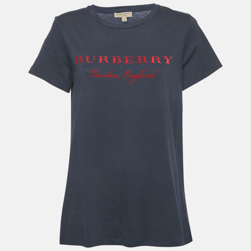 Burberry Navy Blue/Red Logo Flocked Jersey T-Shirt XL Burberry Navy Blue/Red Logo Flocked Jersey T-Shirt XL