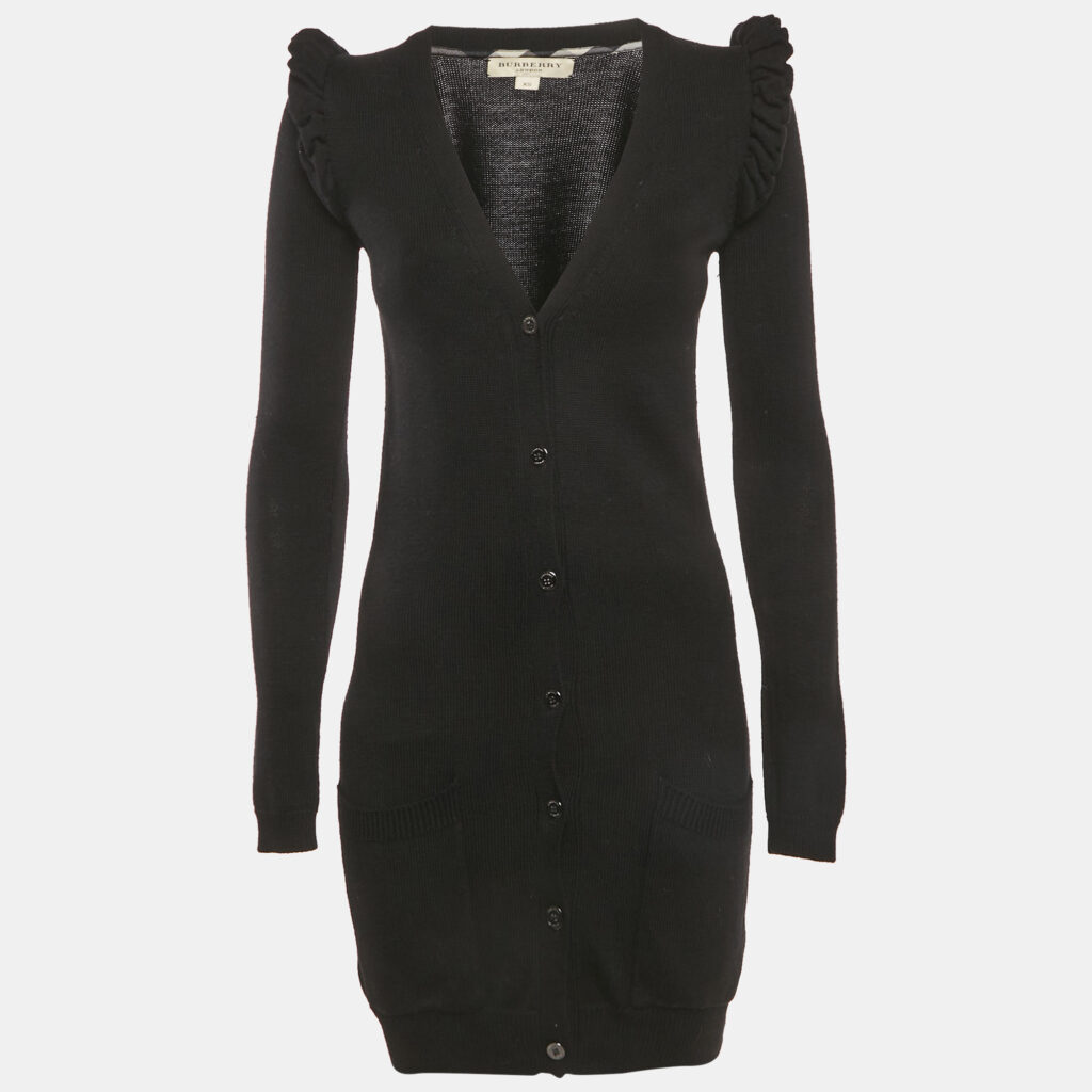 Burberry Black Rib Knit Wool Ruffled Sweater Dress XS