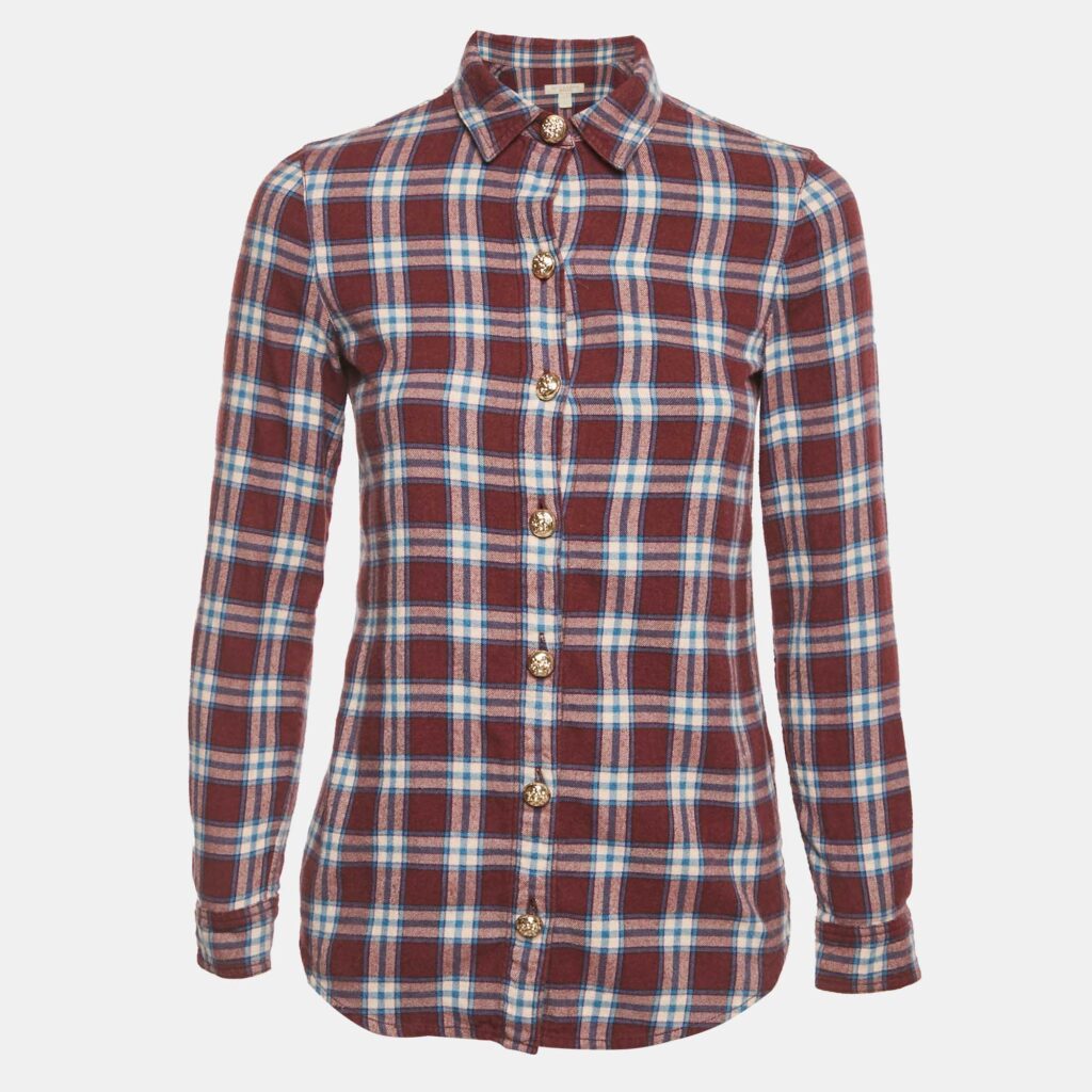 luxury-women-burberry-used-clothes-p1190094-001-1.jpg Burberry Burgundy Checks Cotton Long Sleeve Shirt XS