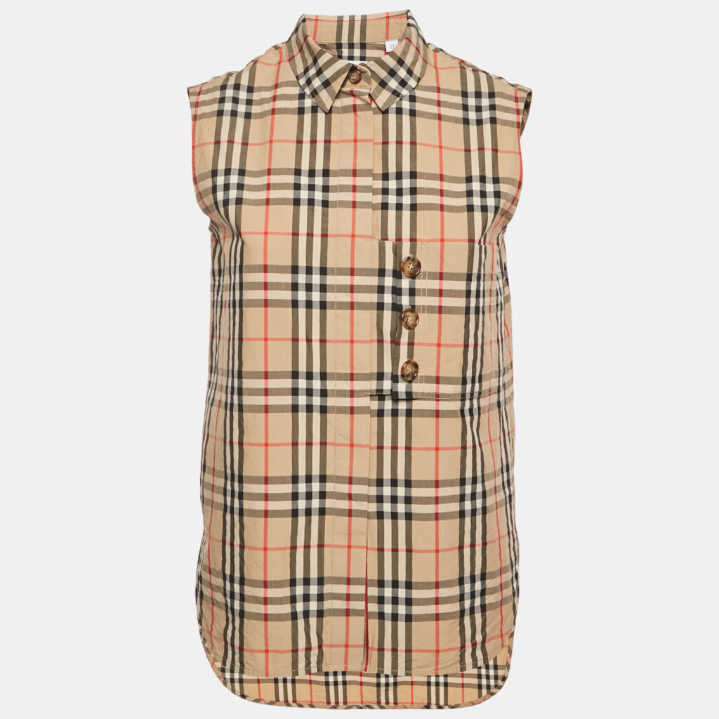 Burberry Beige Beige Checks Cotton Sleeveless Shirt S Burberry Beige Beige Checks Cotton Sleeveless Shirt S