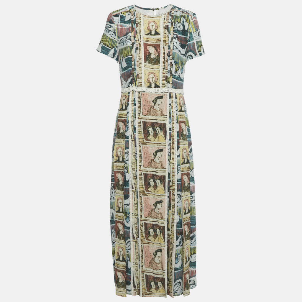 Burberry Multicolor Framed Heads Print Silk Lace Trim Maxi Dress M