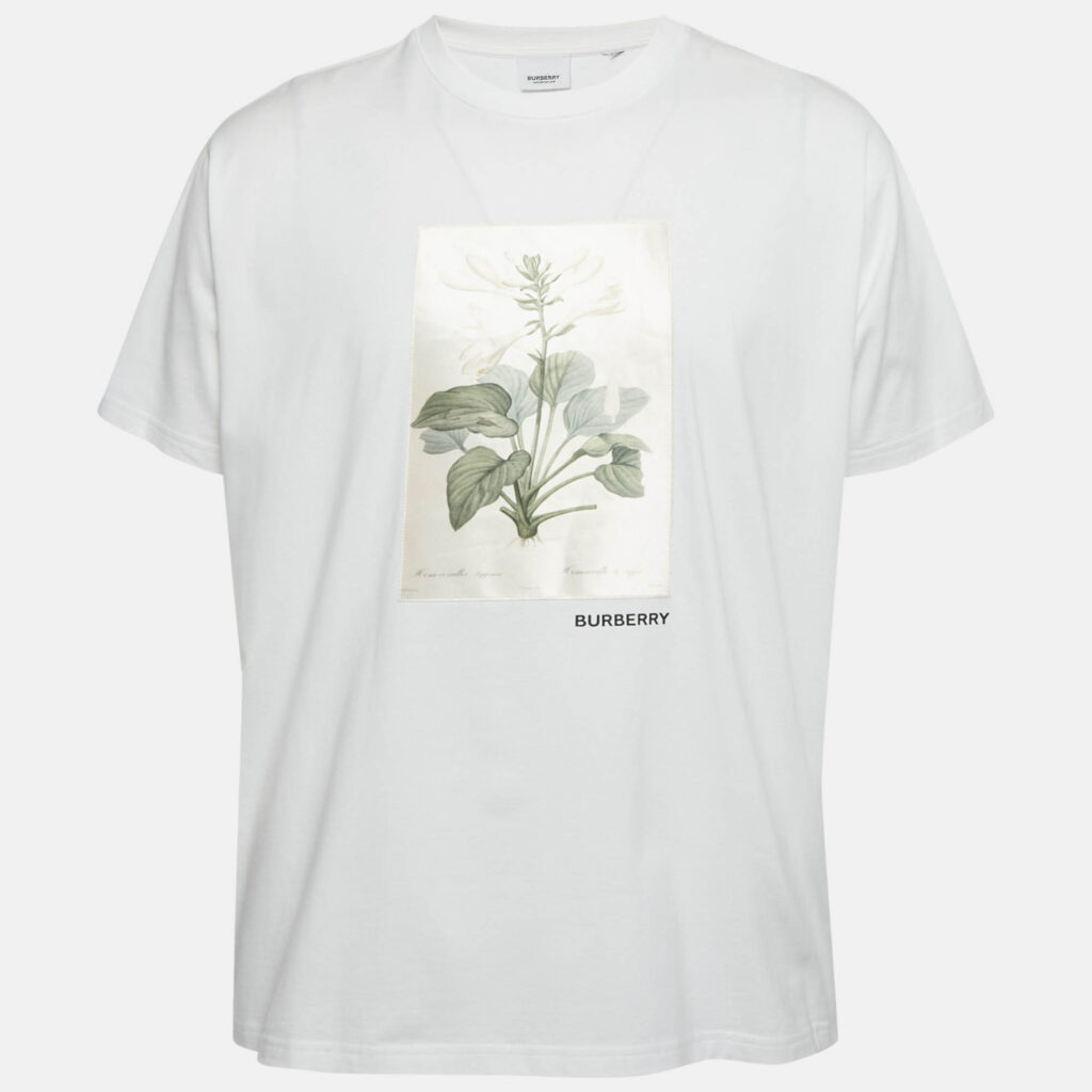 Burberry White Botanical Sketch Print Applique Cotton T-Shirt XL