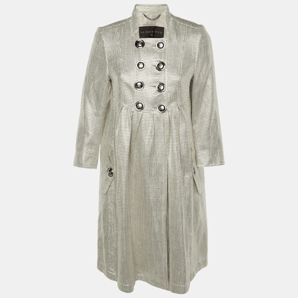 Burberry Silver Lurex Detail Double Breasted Coat M Burberry Silver Lurex Detail Double Breasted Coat M