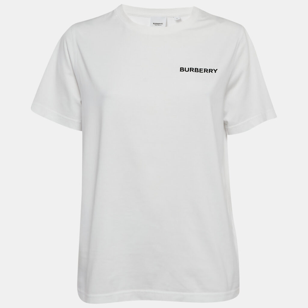Burberry White Logo Embroidered Cotton Crew Neck T-Shirt S
