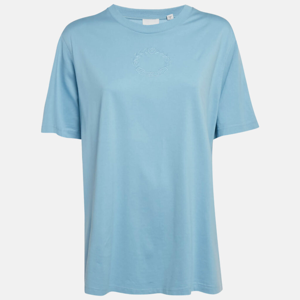 Burberry Blue Logo Embroidery Cotton Crew Neck T-Shirt XL
