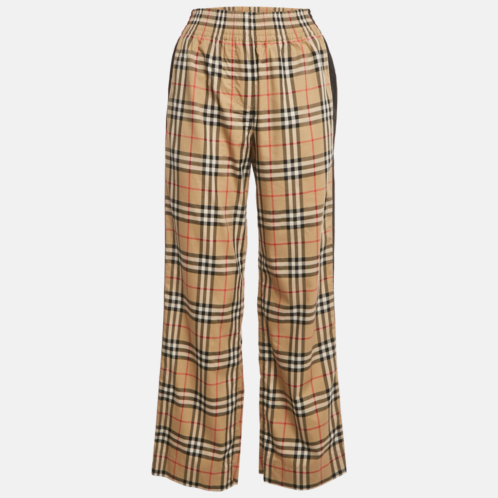Burberry Beige Check Print Cotton Contrast Side Trim Louane Trousers XS Burberry Beige Check Print Cotton Contrast Side Trim Louane Trousers XS