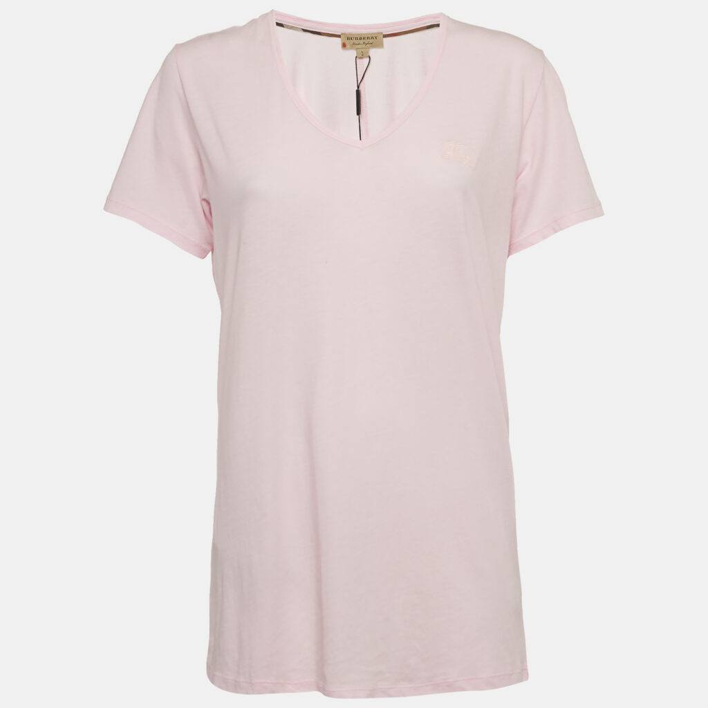 Burberry Pink Logo Embroidered Cotton V-Neck T-Shirt L Burberry Pink Logo Embroidered Cotton V-Neck T-Shirt L