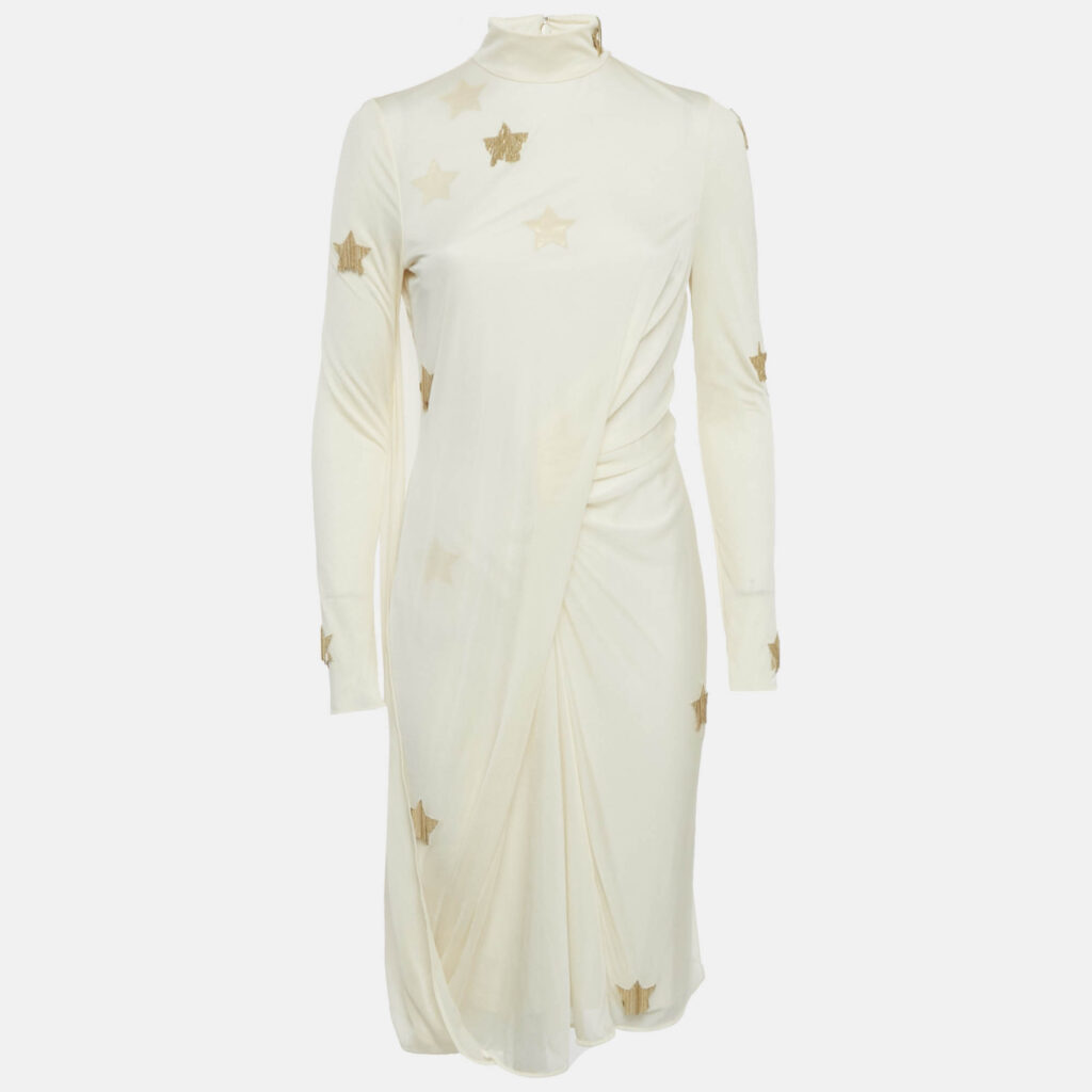 Burberry Cream Star Embellished Jersey Draped Knee-Length Dress S