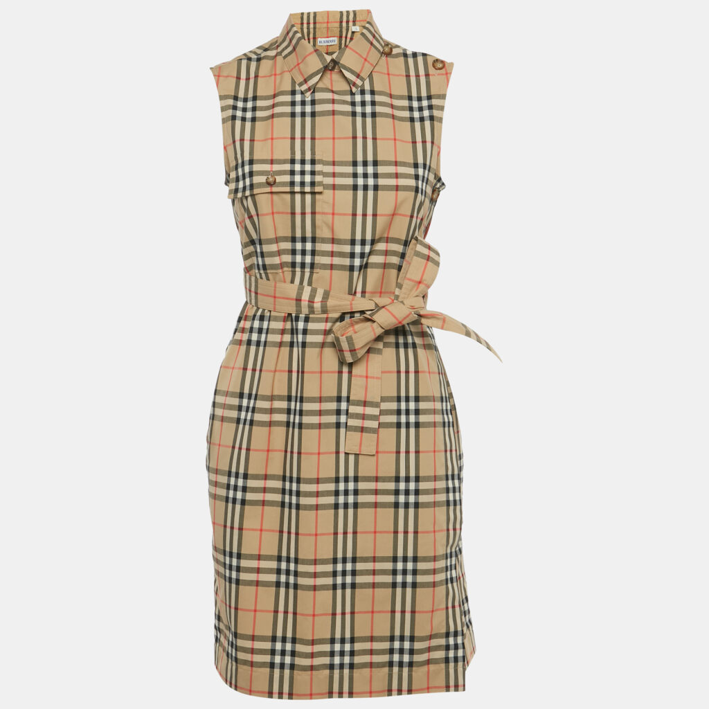 Burberry Beige Vintage Check Print Cotton Wrap Around Mini Dress S Burberry Beige Vintage Check Print Cotton Wrap Around Mini Dress S