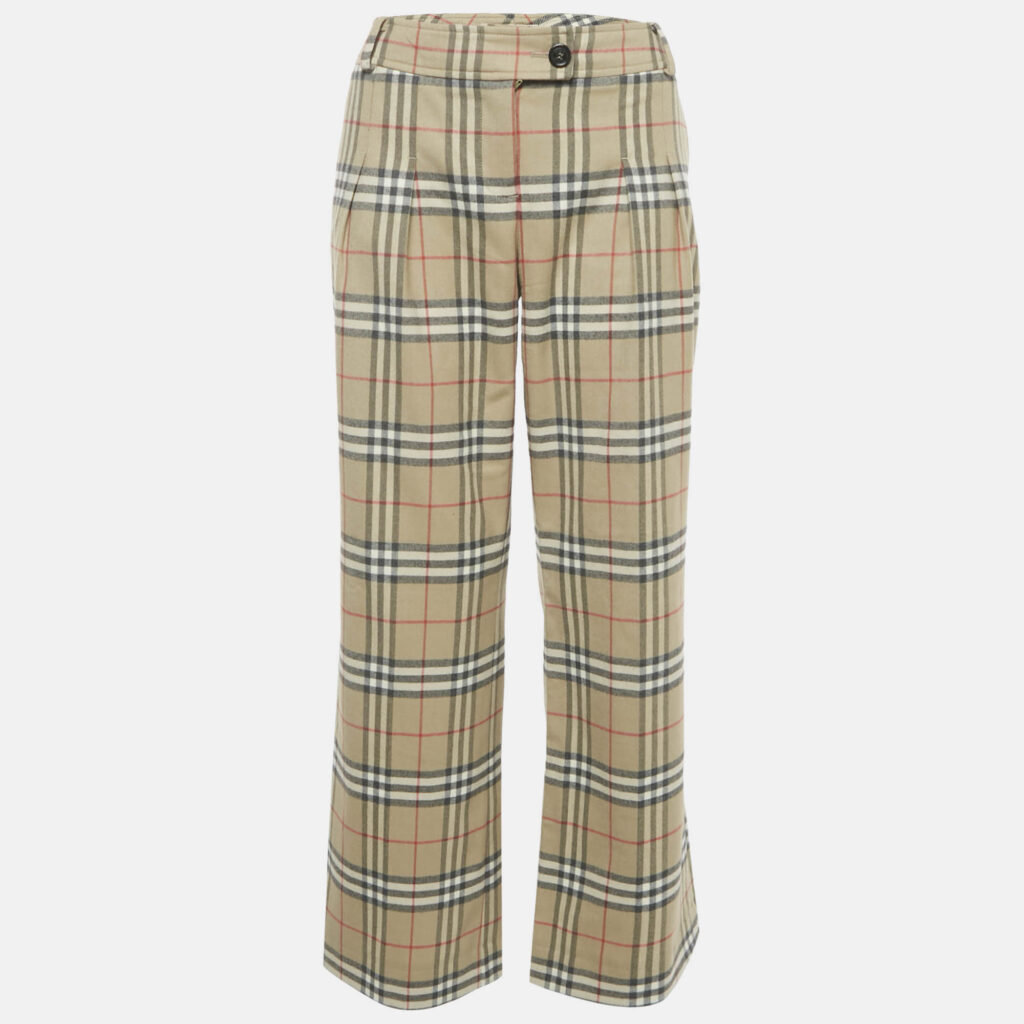 Burberry Beige Check Print Wool Wide Leg Trousers S Burberry Beige Check Print Wool Wide Leg Trousers S