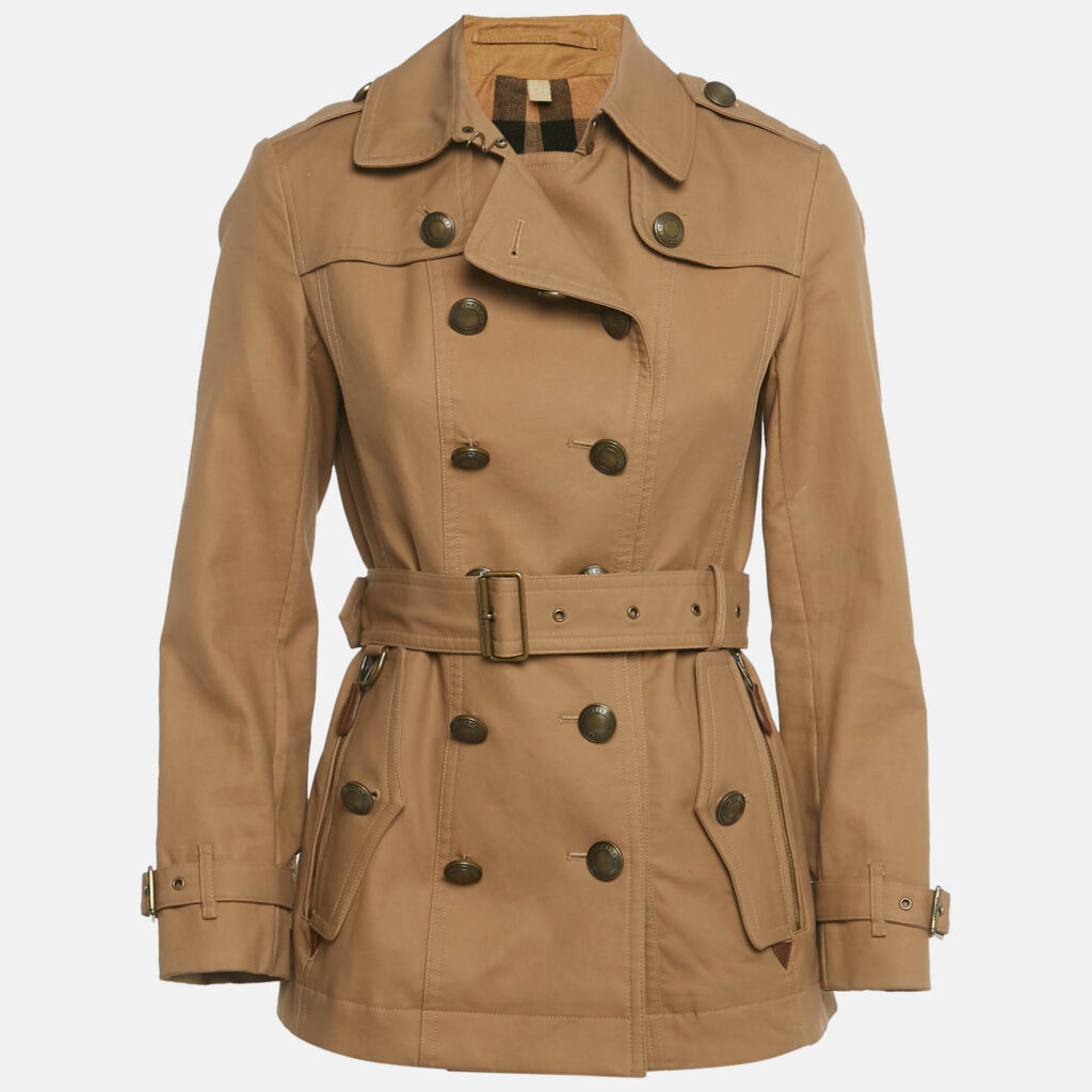 Burberry Brown Cotton Blend Leather Detail Short Trench Coat XS
