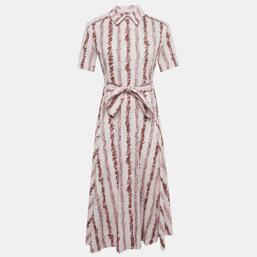 Burberry Pink Scribble Printed Cotton Belted Shirt Dress S