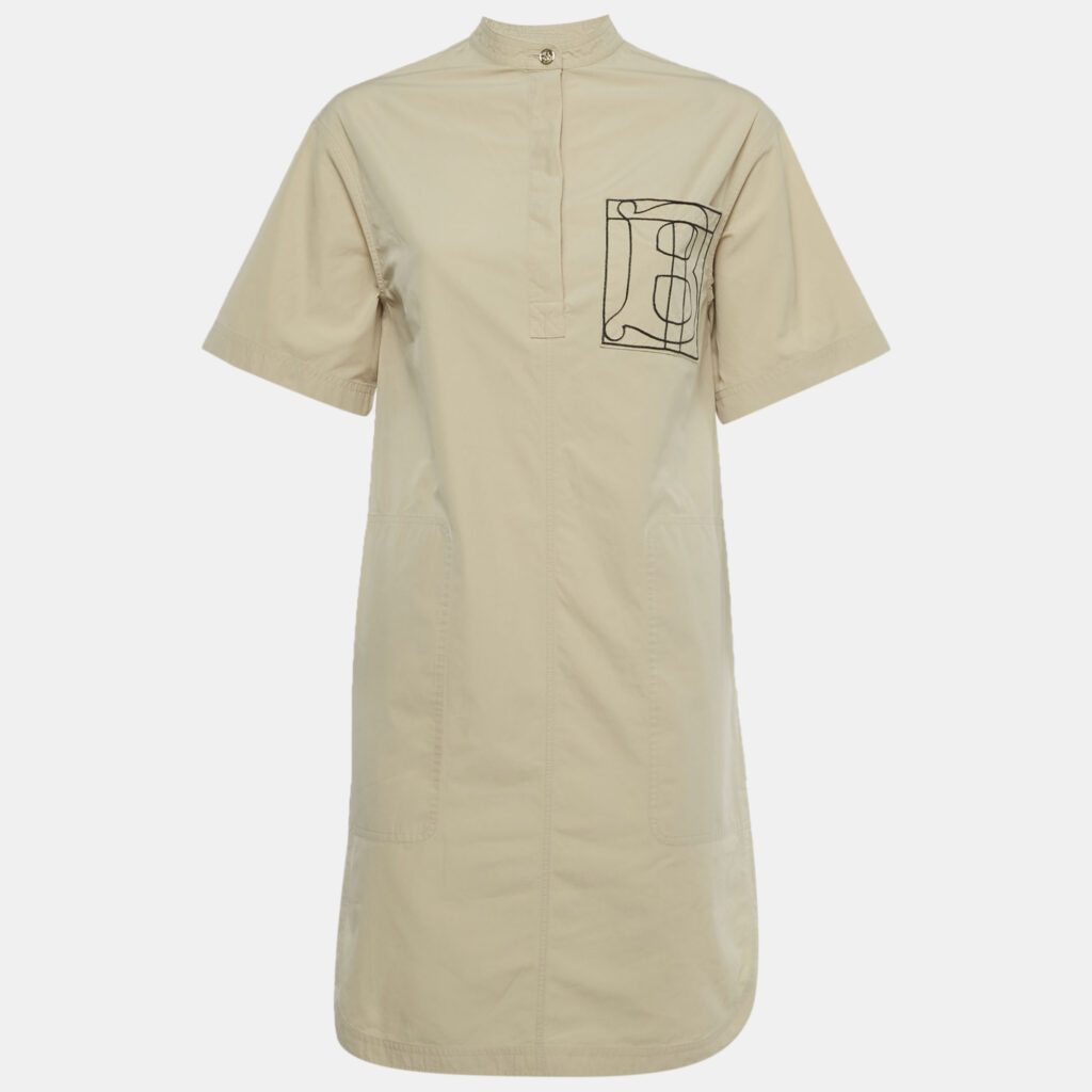 Burberry Beige Cotton Monogram Embroidered Cotton Abbie Mini Dress XS Burberry Beige Cotton Monogram Embroidered Cotton Abbie Mini Dress XS