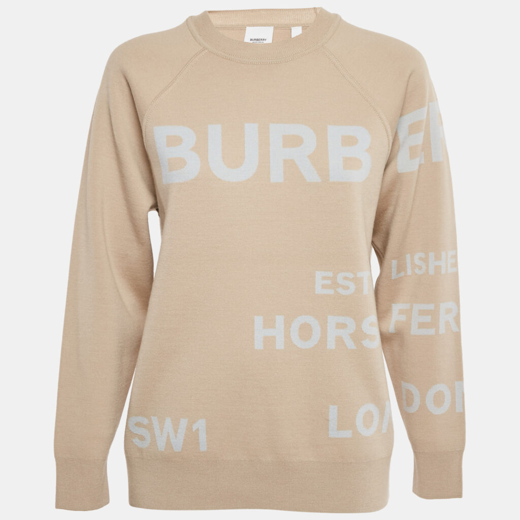 Burberry Beige Logo Print Wool Crewneck Sweater S Burberry Beige Logo Print Wool Crewneck Sweater S