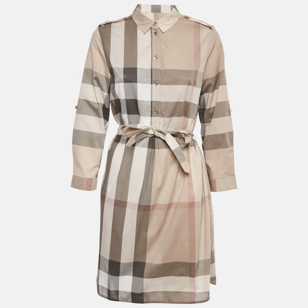 Burberry Beige Checkered Print Cotton Mini Shirt Dress M
