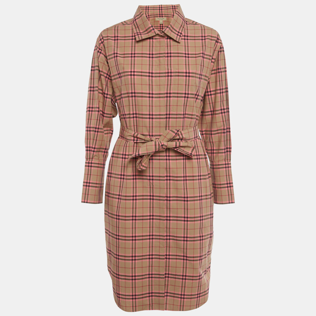 Burberry Beige /Pink Checkered Print Cotton Short Shirt Dress S