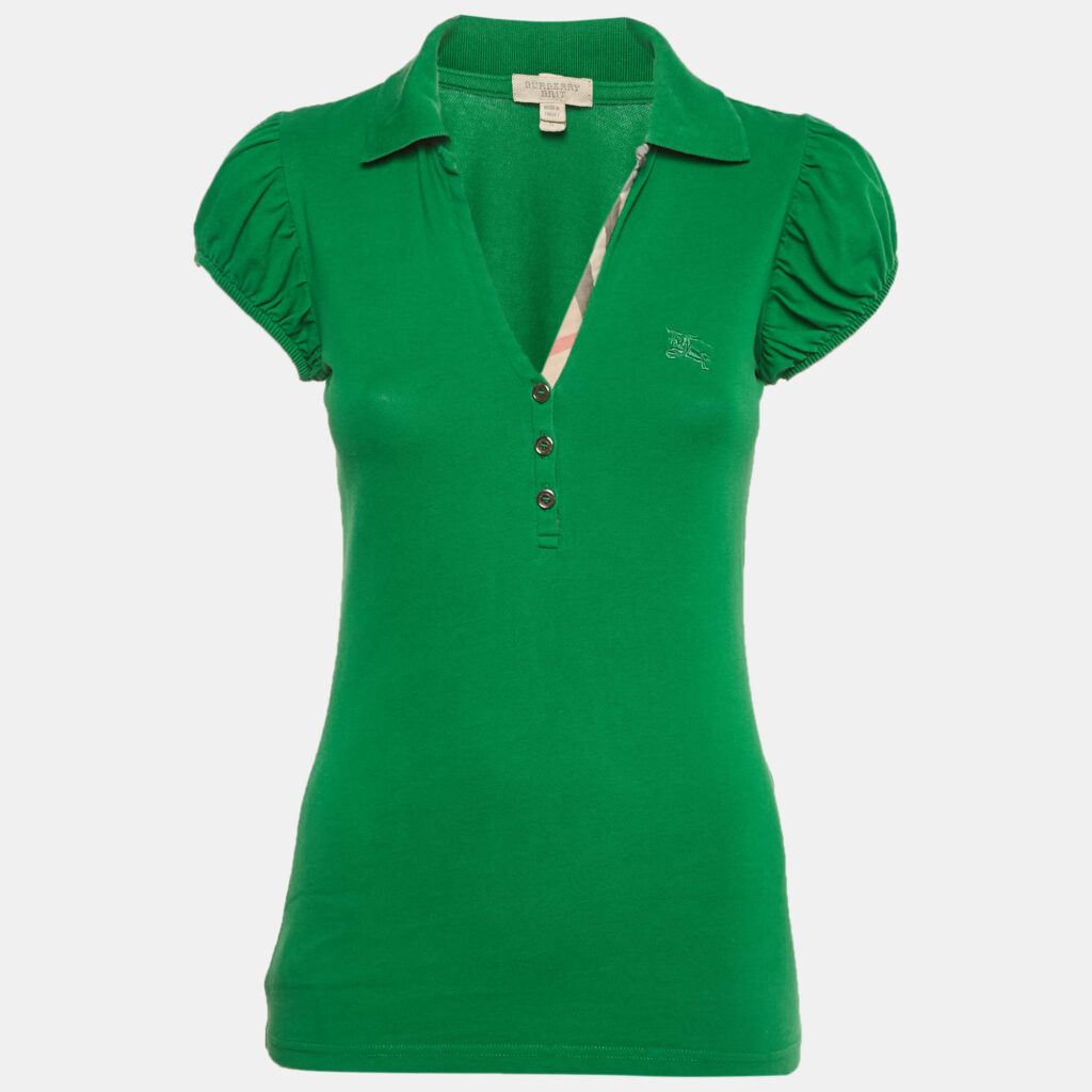 luxury-women-burberry-used-clothes-p1240469-001.jpg Burberry Green Pique Puff Sleeve Polo T-Shirt S