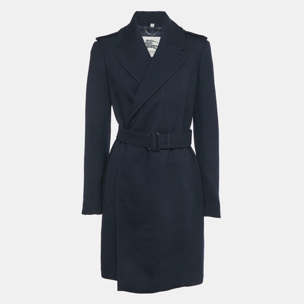 Burberry Navy Blue Crepe & Wool Mid Length Coat M