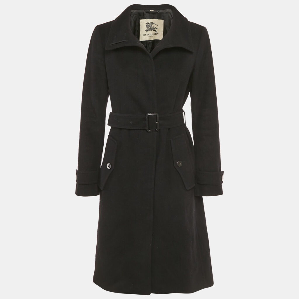 Burberry Black Wool Felt Belted Mid-Length Coat M Burberry Black Wool Felt Belted Mid-Length Coat M