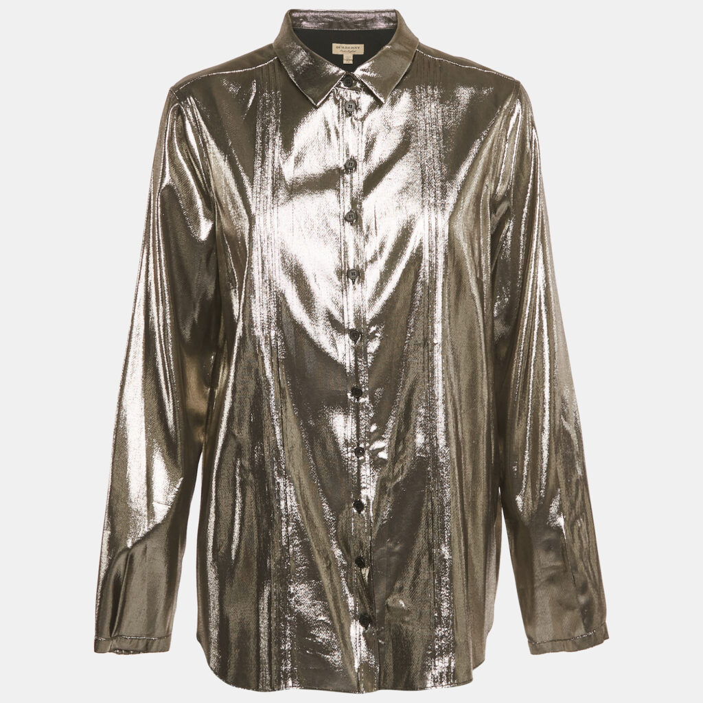 Burberry London Metallic Lamé Pleated Shirt L
