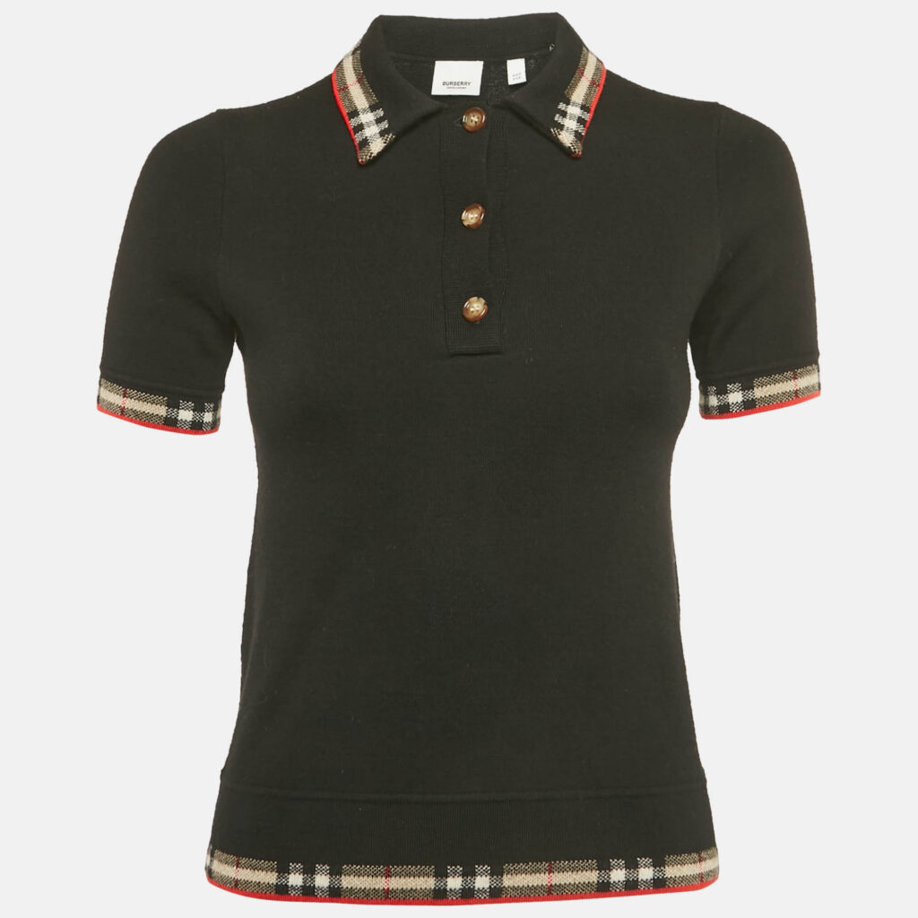 Burberry Black Checks Trims Stretch Knit Polo T-Shirt XXS