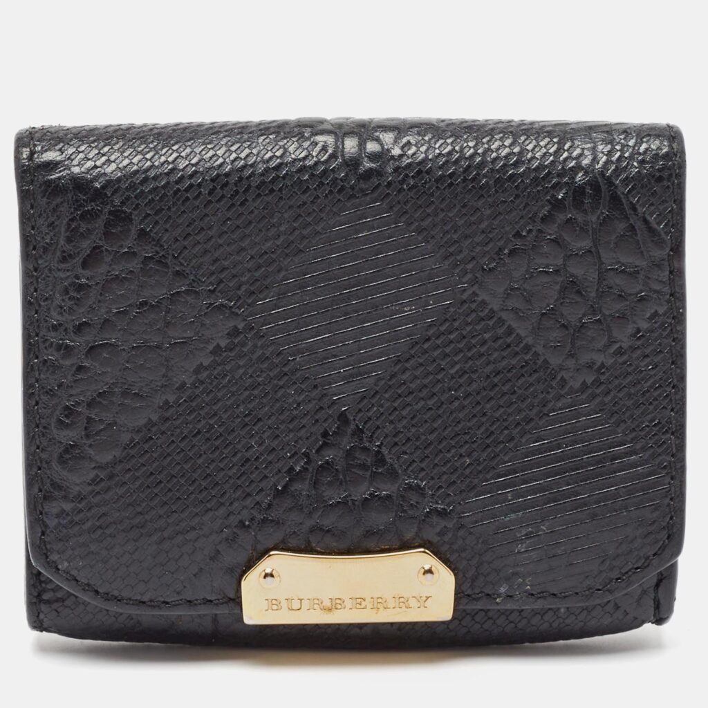 Burberry Black Embossed Check Leather Flap Card Case Burberry Black Embossed Check Leather Flap Card Case
