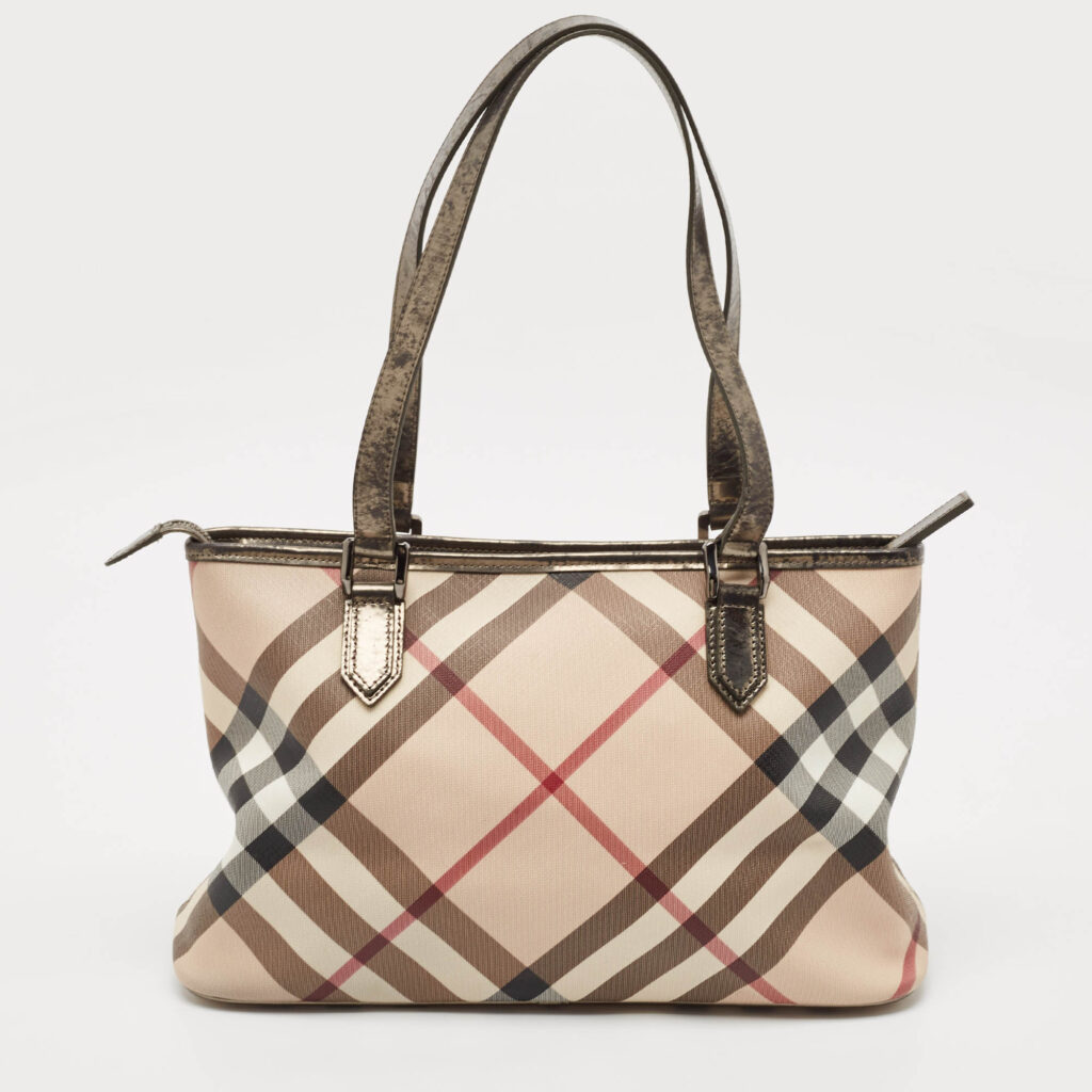 Burberry Metallic/Beige Supernova Check PVC and Patent Leather Nickie Tote Burberry Metallic/Beige Supernova Check PVC and Patent Leather Nickie Tote