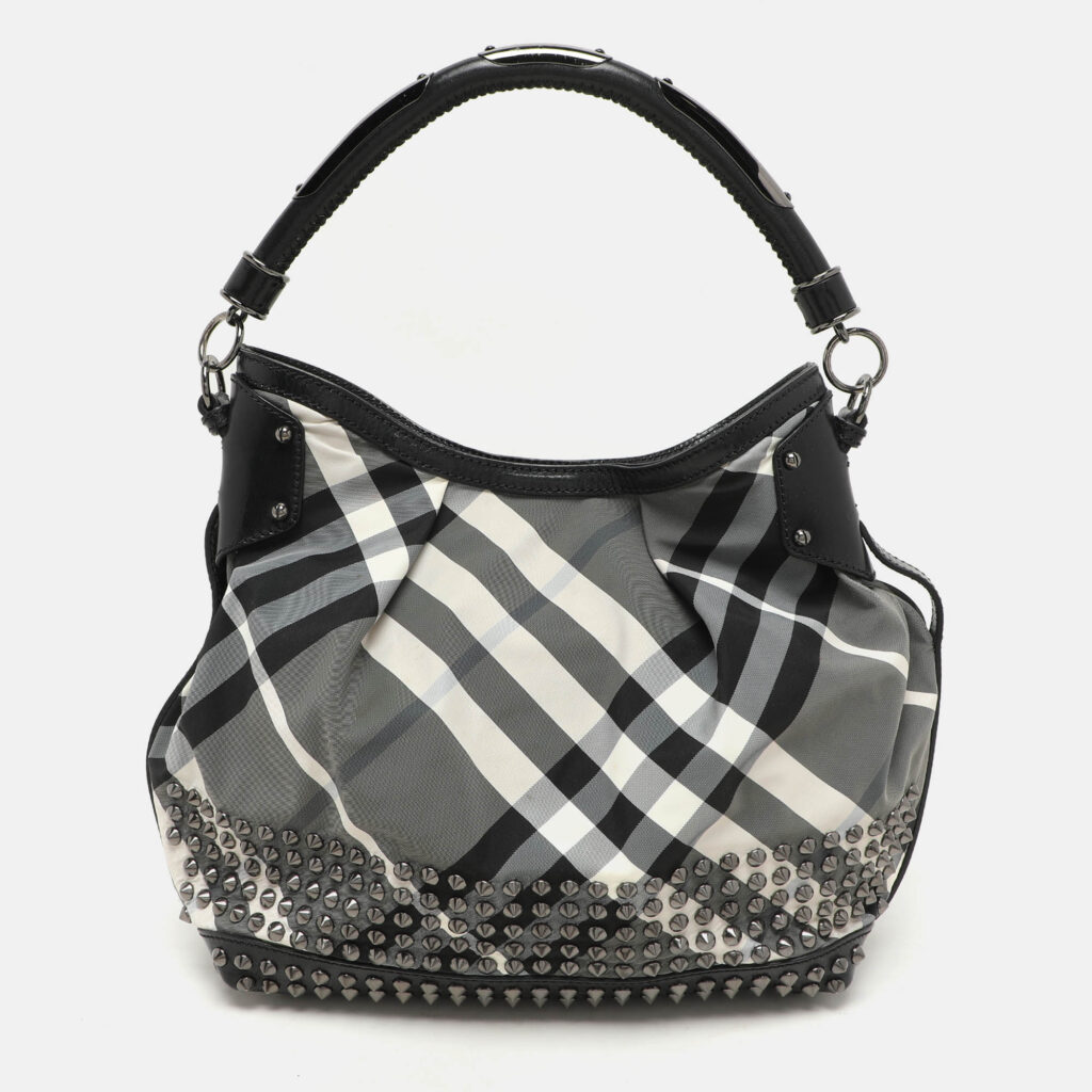 Burberry Grey/Black Beat Check Nylon and Patent Leather Studded Hobo Burberry Grey/Black Beat Check Nylon and Patent Leather Studded Hobo